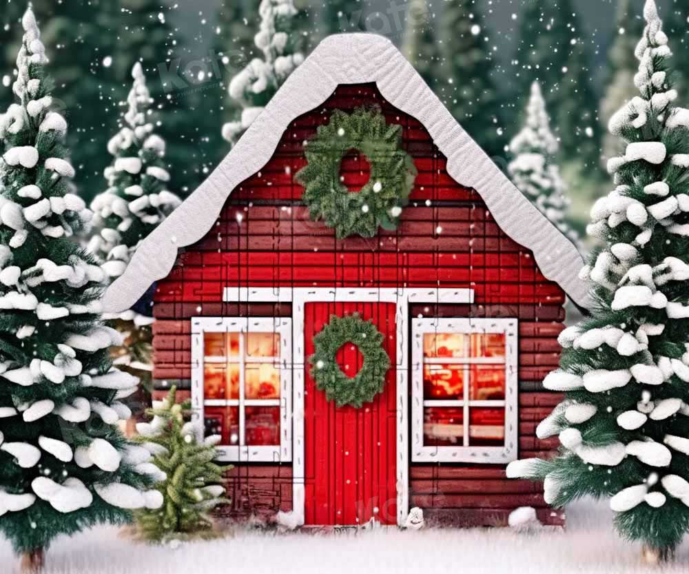 Kate Hiver Noël Neige Maison Rouge Toile de fond conçu par Emetselch - Kate Backdrop FR