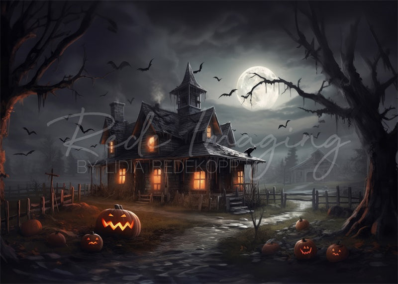 Kate Maison hantée Halloween Lune Toile de fond conçue par Lidia Redekopp - Kate Backdrop FR