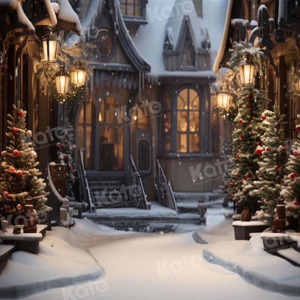 Kate Noël Nuit Rue Maisons Neige Toile de fond pour la photographie - Kate Backdrop FR