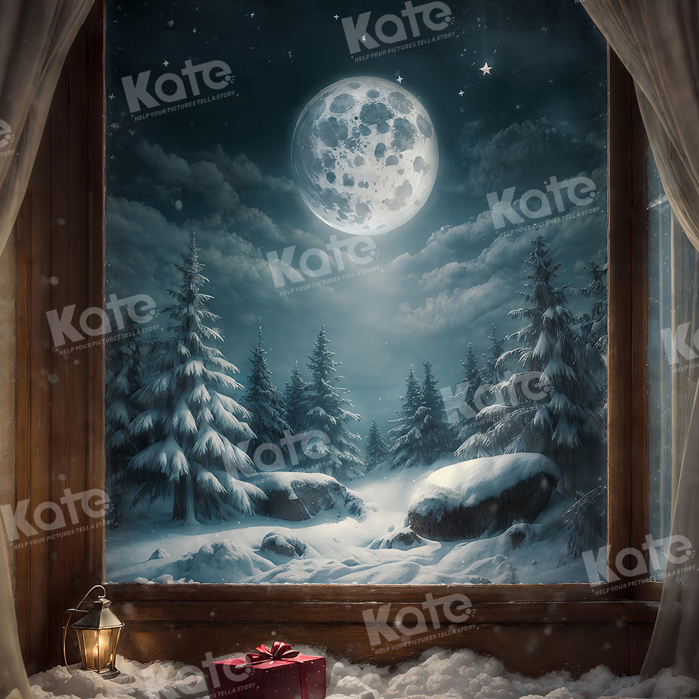 Kate Hiver Fenêtre Lune Neige Arbres Toile de fond pour la photographie - Kate Backdrop FR