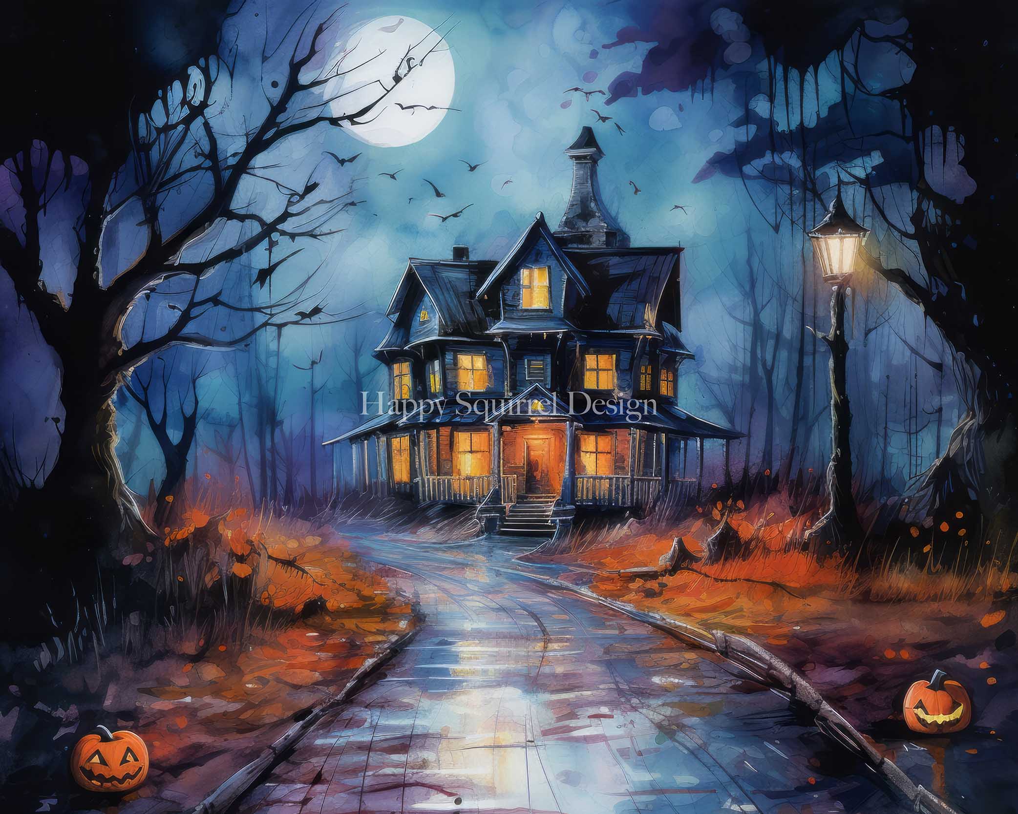 Kate Halloween Maison effrayante Toile de fond Conçu par Happy Squirrel Design - Kate Backdrop FR