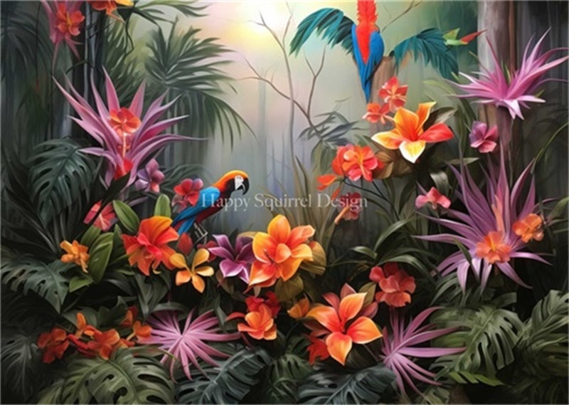 Kate Jungle tropicale Perroquet Fleurs Toile de fond Conçu par Happy Squirrel Design - Kate Backdrop FR