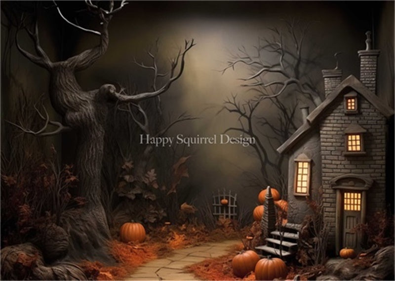 Kate Citrouille Forêt Halloween Maison Toile de fond Conçu par Happy Squirrel Design - Kate Backdrop FR