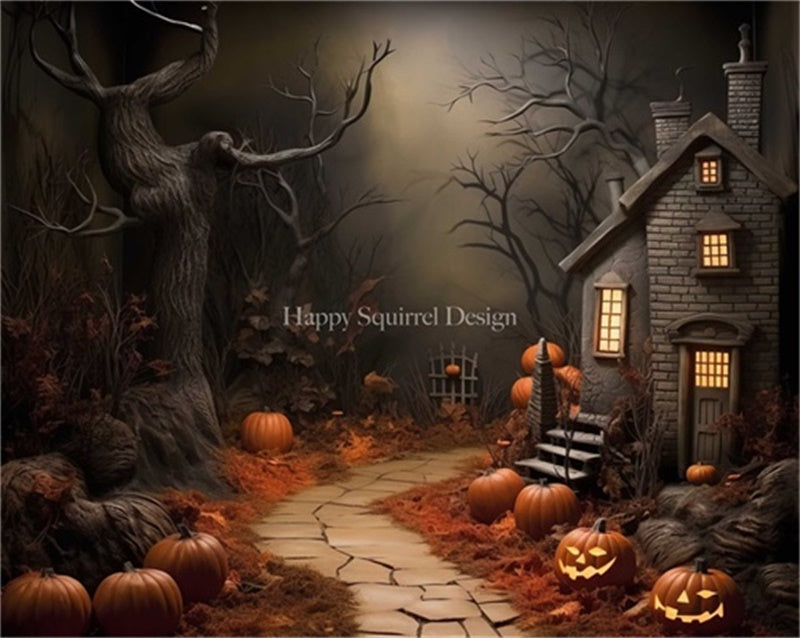 Kate Citrouille Forêt Halloween Maison Toile de fond Conçu par Happy Squirrel Design - Kate Backdrop FR
