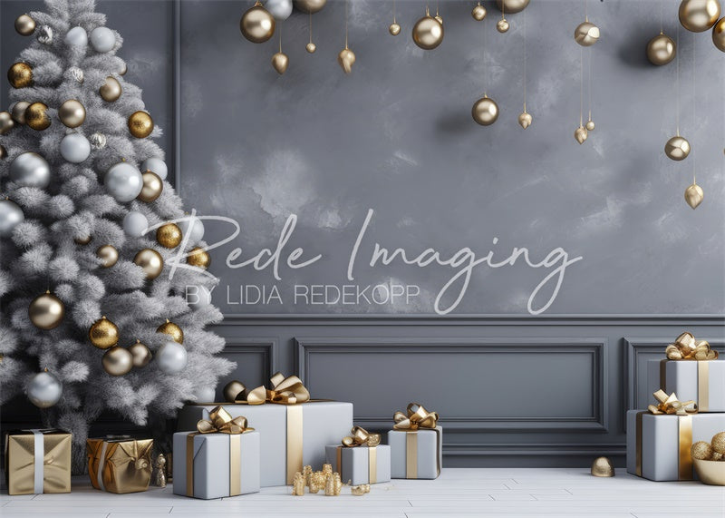 Kate Gris & Doré Noël Cadeaux Mur Toile de fond conçue par Lidia Redekopp - Kate Backdrop FR