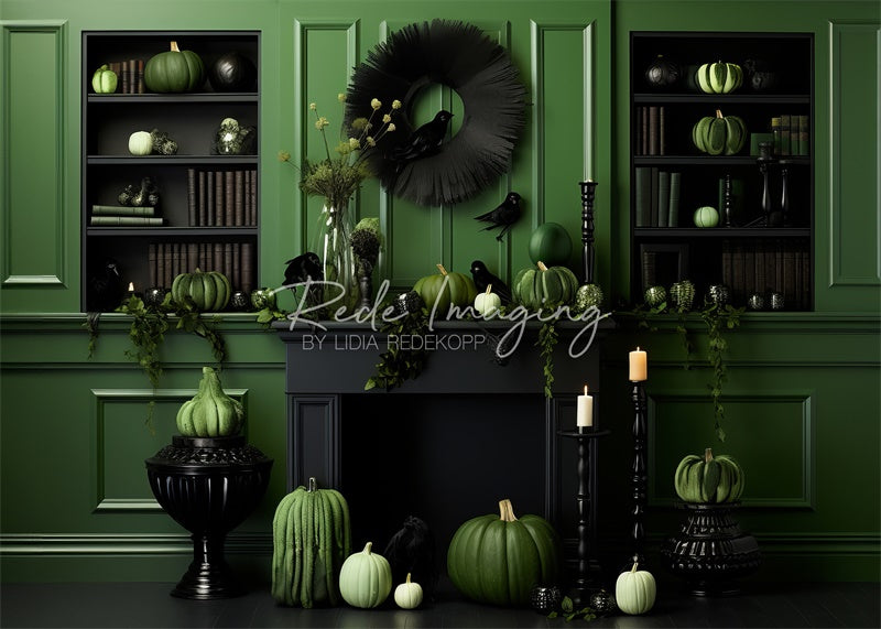 Kate Automne Vert Citrouilles Cheminée Toile de fond conçue par Lidia Redekopp - Kate Backdrop FR