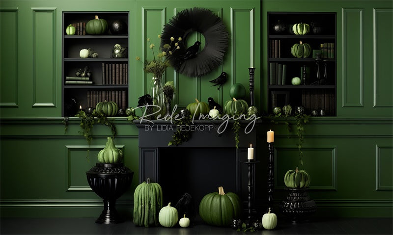 Kate Automne Vert Citrouilles Cheminée Toile de fond conçue par Lidia Redekopp - Kate Backdrop FR