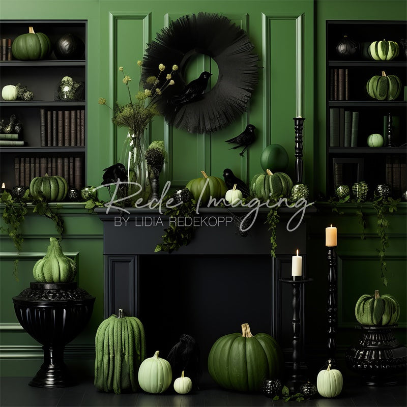 Kate Automne Vert Citrouilles Cheminée Toile de fond conçue par Lidia Redekopp - Kate Backdrop FR