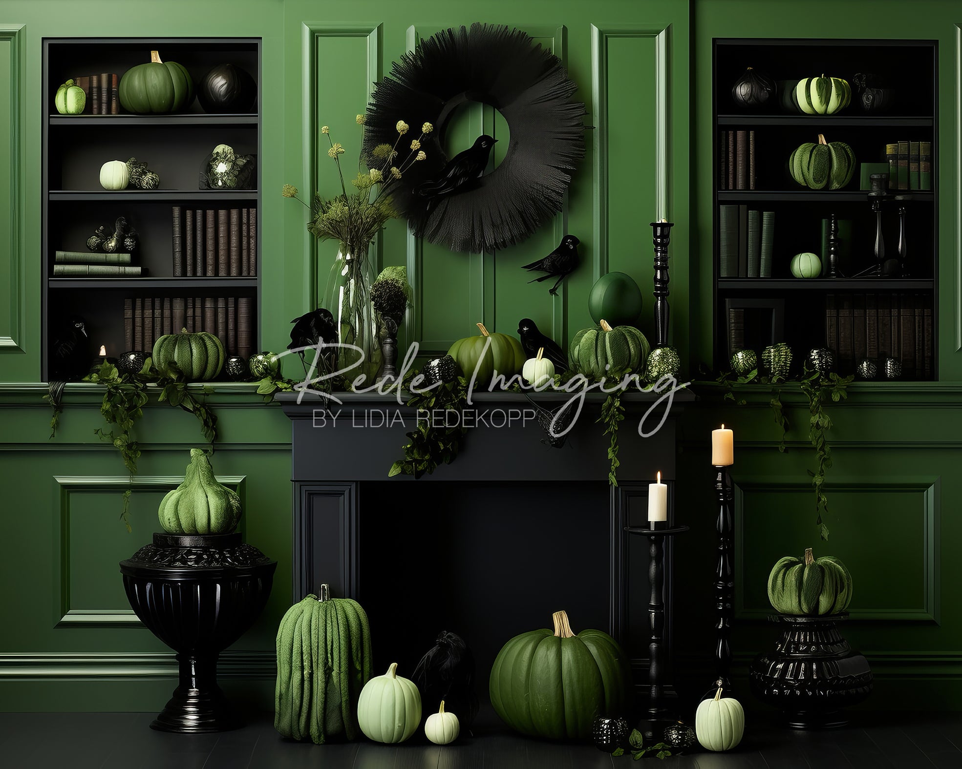 Kate Automne Vert Citrouilles Cheminée Toile de fond conçue par Lidia Redekopp - Kate Backdrop FR