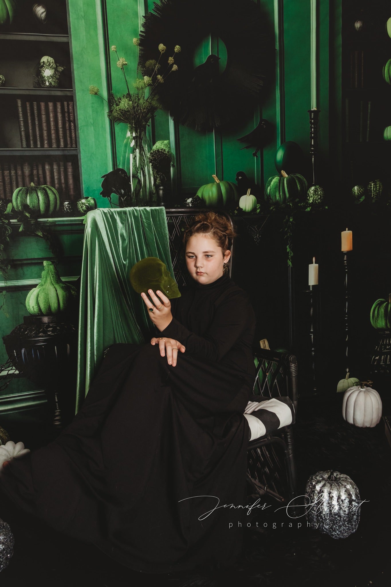 Kate Automne Vert Citrouilles Cheminée Toile de fond conçue par Lidia Redekopp - Kate Backdrop FR