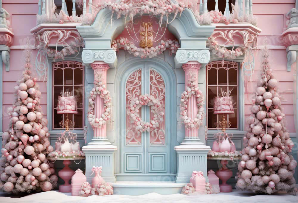 Kate Hiver Noël Maison Rose Porte Bleu Toile de fond conçue par Emetselch - Kate Backdrop FR