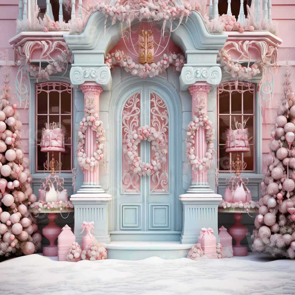 Kate Hiver Noël Maison Rose Porte Bleu Toile de fond conçue par Emetselch - Kate Backdrop FR