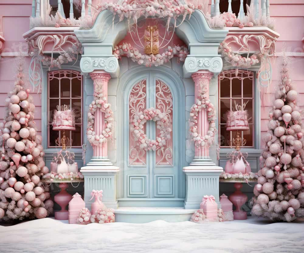 Kate Hiver Noël Maison Rose Porte Bleu Toile de fond conçue par Emetselch - Kate Backdrop FR