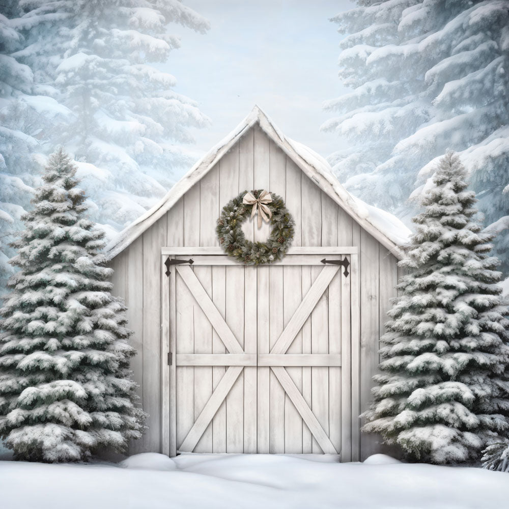 Kate Hiver Noël Blanc Grange Porte Neige Toile de fond conçue par Emetselch - Kate Backdrop FR