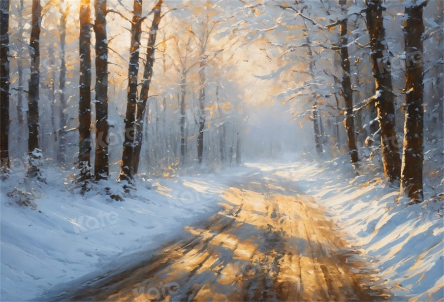 Kate Hiver Route Neige Arbres Toile de fond pour la photographie - Kate Backdrop FR