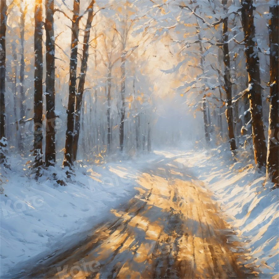 Kate Hiver Route Neige Arbres Toile de fond pour la photographie - Kate Backdrop FR