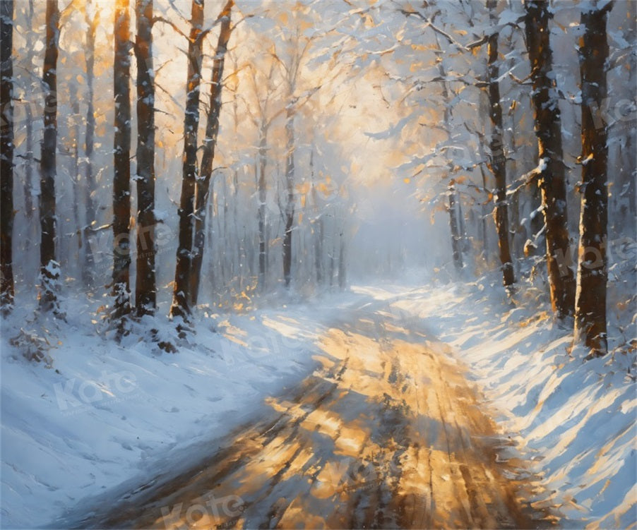 Kate Hiver Route Neige Arbres Toile de fond pour la photographie - Kate Backdrop FR