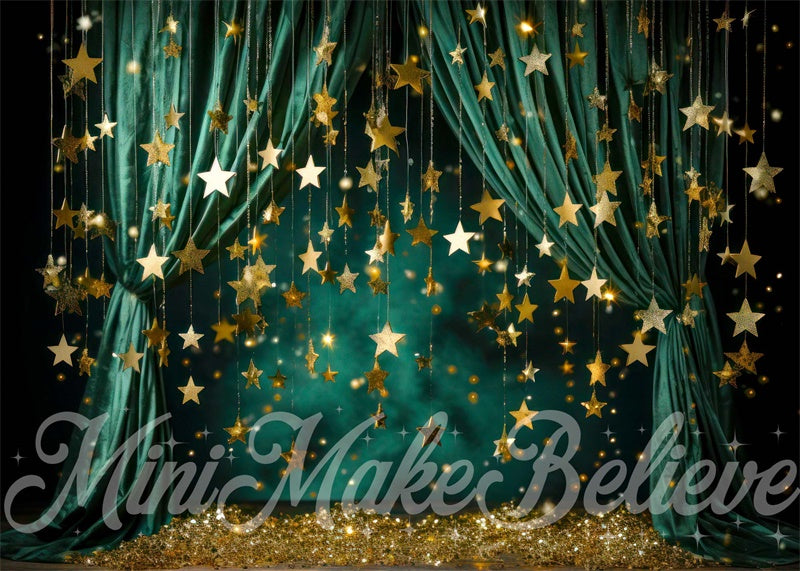Kate Noël Hiver Rideau Vert avec Étoiles Toile de fond conçue par Mini MakeBelieve - Kate Backdrop FR
