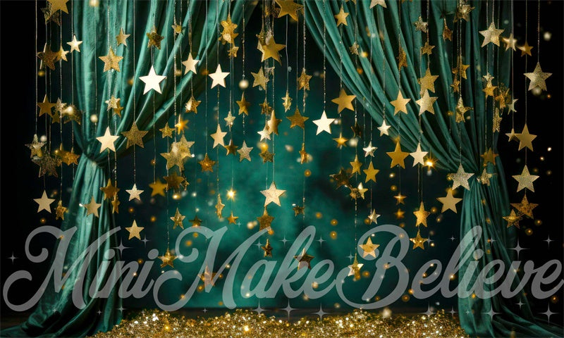 Kate Noël Hiver Rideau Vert avec Étoiles Toile de fond conçue par Mini MakeBelieve - Kate Backdrop FR