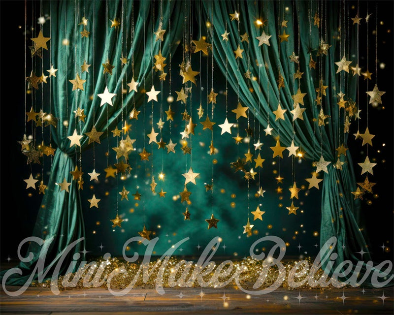 Kate Noël Hiver Rideau Vert avec Étoiles Toile de fond conçue par Mini MakeBelieve - Kate Backdrop FR