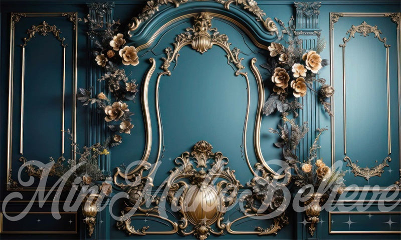 Kate Luxe Mur Orné Rococo Doré Turquoise Toile de fond conçue par Mini MakeBelieve - Kate Backdrop FR