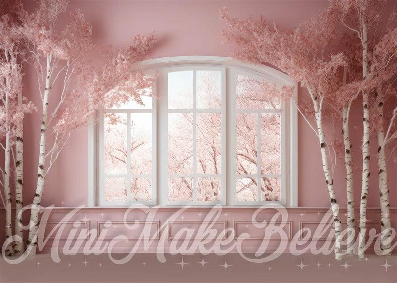 Kate Hiver Chambre Rose Fenêtre Bouleaux Toile de fond conçue par Mini MakeBelieve - Kate Backdrop FR
