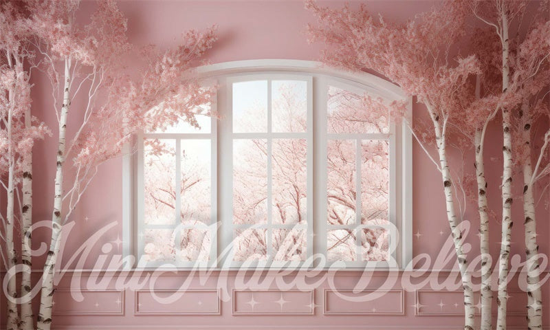Kate Hiver Chambre Rose Fenêtre Bouleaux Toile de fond conçue par Mini MakeBelieve - Kate Backdrop FR