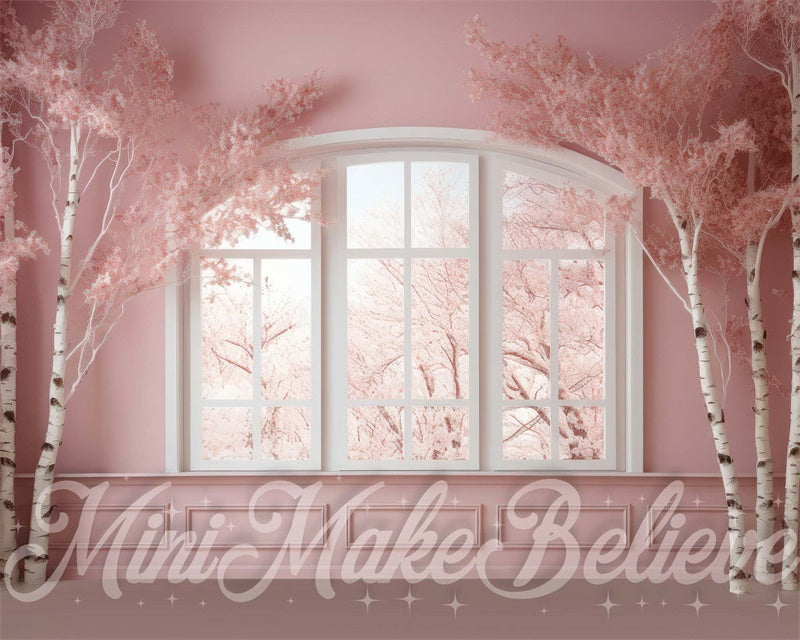 Kate Hiver Chambre Rose Fenêtre Bouleaux Toile de fond conçue par Mini MakeBelieve - Kate Backdrop FR