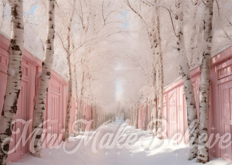 Kate Neige Rue Rose Rangée de Bouleaux Toile de fond conçue par Mini MakeBelieve - Kate Backdrop FR