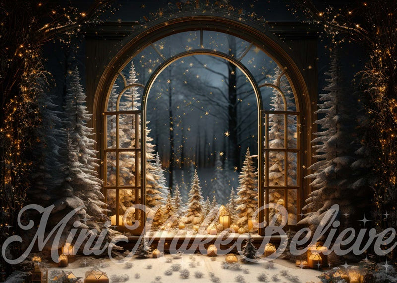 Kate Hiver Noël Arbres Fenêtre Neige Nuit Toile de fond conçue par Mini MakeBelieve - Kate Backdrop FR