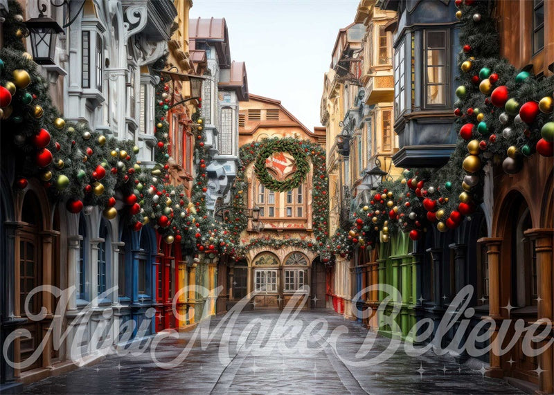 Kate Hiver Noël Village Rue colorée Toile de fond conçue par Mini MakeBelieve - Kate Backdrop FR