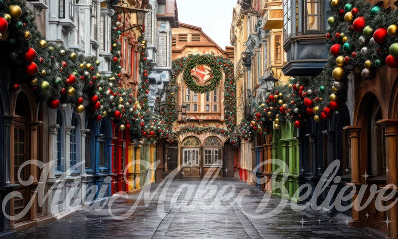 Kate Hiver Noël Village Rue colorée Toile de fond conçue par Mini MakeBelieve - Kate Backdrop FR