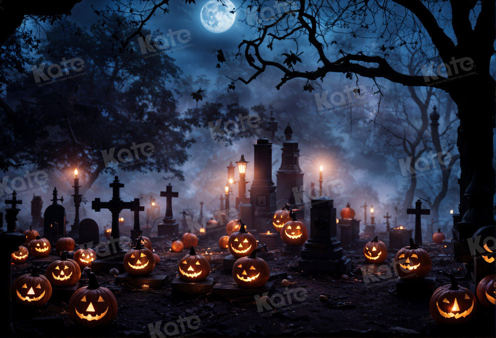 Kate Halloween Citrouille Cimetière Nuit Lune Toile de fond pour la photographie