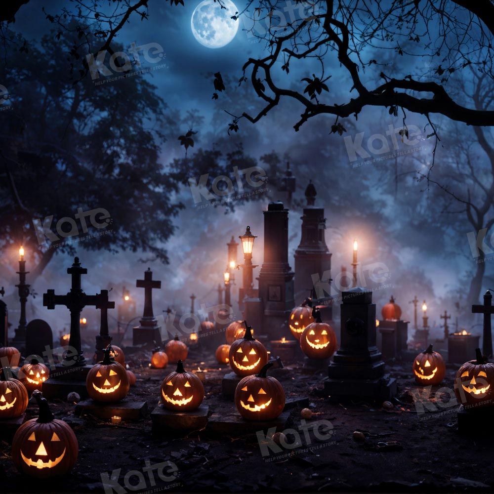 Kate Halloween Citrouille Cimetière Nuit Lune Toile de fond pour la photographie