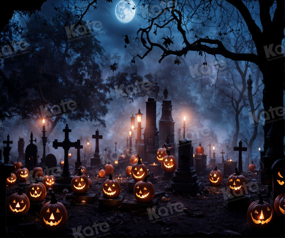 Kate Halloween Citrouille Cimetière Nuit Lune Toile de fond pour la photographie