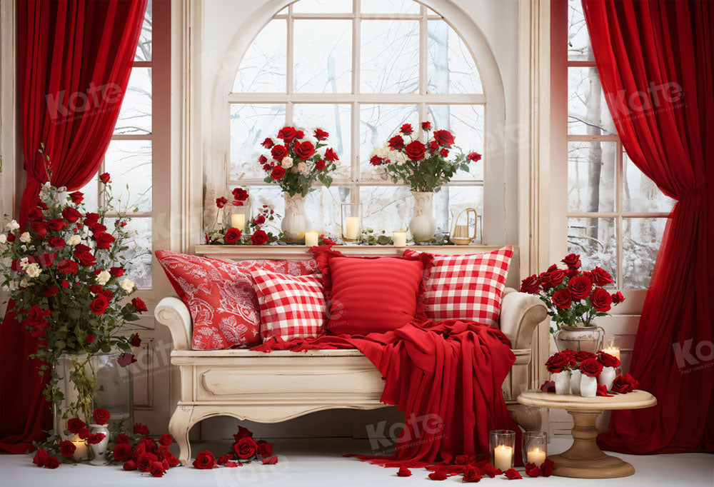 Kate Saint Valentin Chambre Canapé Rideau rouge Toile de fond pour la photographie - Kate Backdrop FR