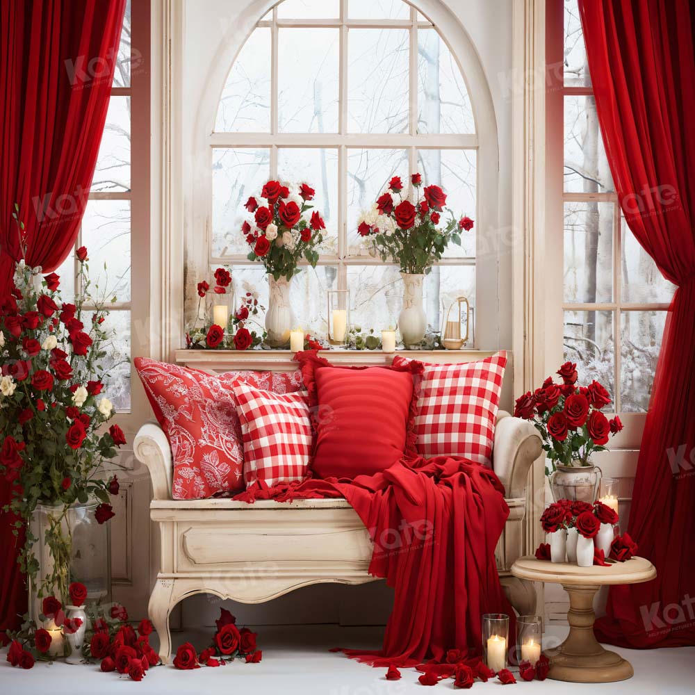 Kate Saint Valentin Chambre Canapé Rideau rouge Toile de fond pour la photographie - Kate Backdrop FR