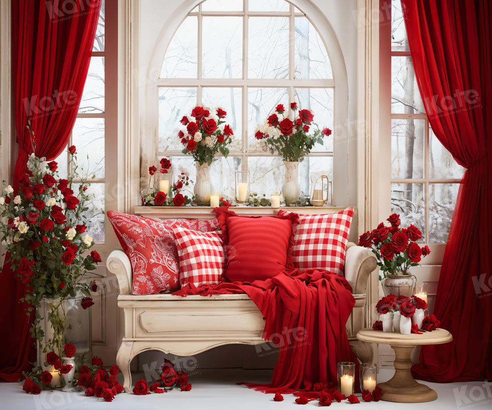 Kate Saint Valentin Chambre Canapé Rideau rouge Toile de fond pour la photographie - Kate Backdrop FR