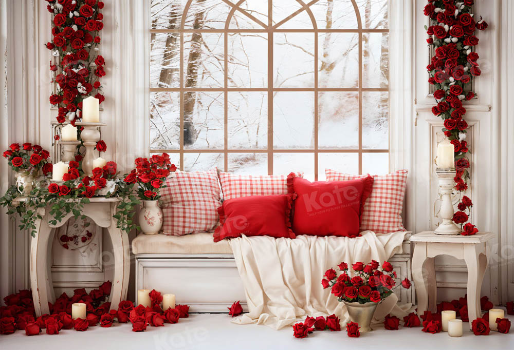 Kate Saint Valentin Blanc Canapé Fenêtre Roses Toile de fond pour la photographie - Kate Backdrop FR