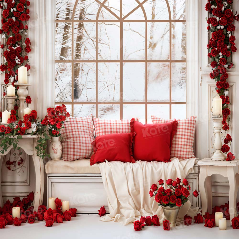 Kate Saint Valentin Blanc Canapé Fenêtre Roses Toile de fond pour la photographie - Kate Backdrop FR