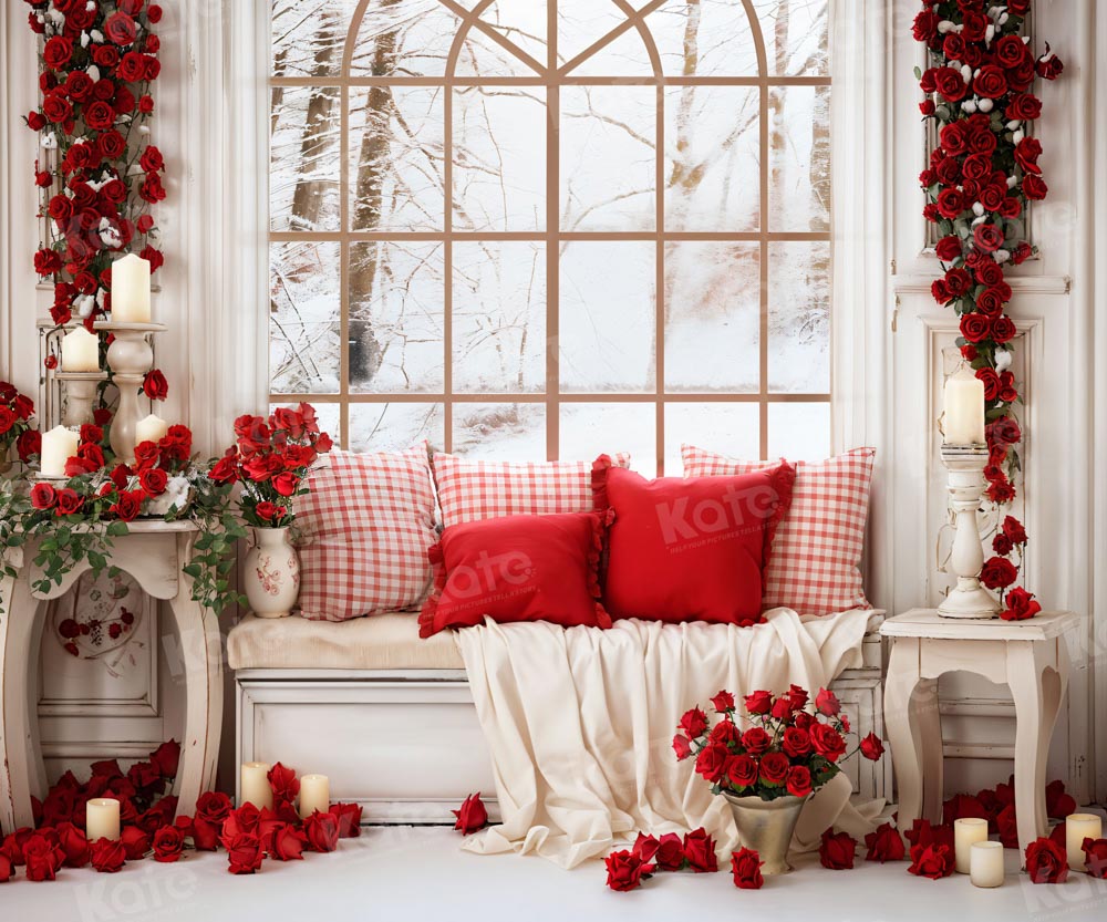 Kate Saint Valentin Blanc Canapé Fenêtre Roses Toile de fond pour la photographie - Kate Backdrop FR