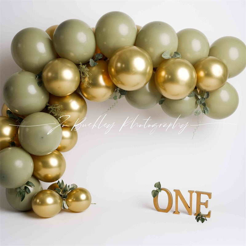 Kate Ballons Vert & Doré Anniversaire Toile de fond conçue par Jo Buckley Photographie - Kate Backdrop FR