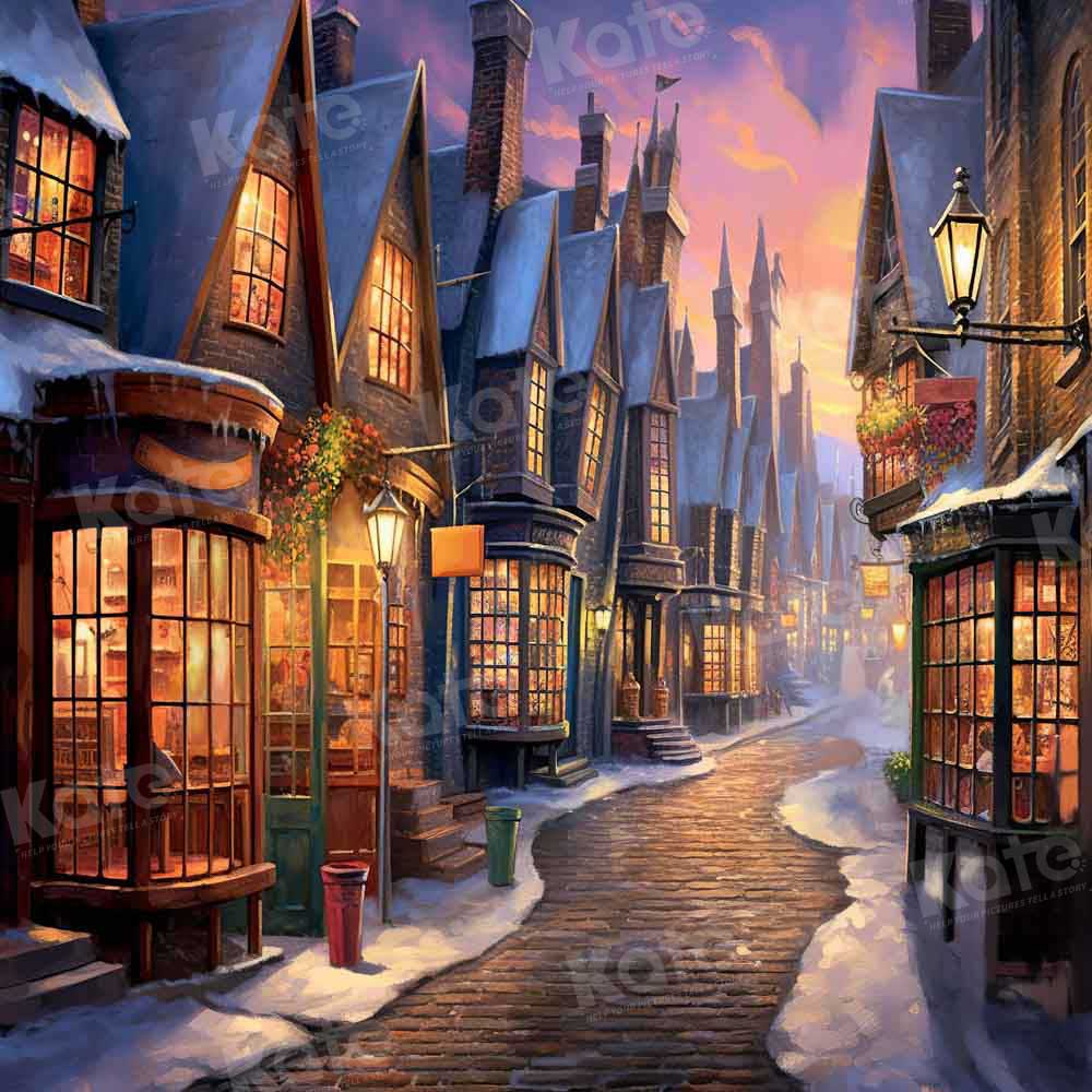 Kate Noël Hiver Rue Coucher de Soleil Toile de fond conçue par GQ - Kate Backdrop FR