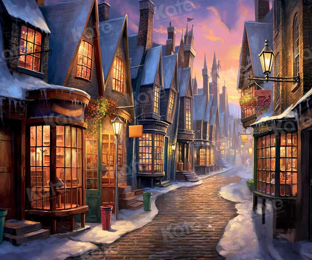 Kate Noël Hiver Rue Coucher de Soleil Toile de fond conçue par GQ - Kate Backdrop FR