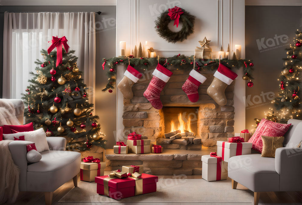 Kate Sapin de Noël Chambre Cheminée Fauteuil Toile de fond pour la photographie - Kate Backdrop FR