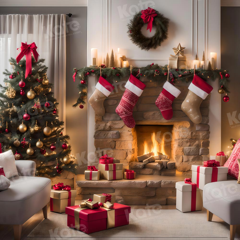 Kate Sapin de Noël Chambre Cheminée Fauteuil Toile de fond pour la photographie - Kate Backdrop FR