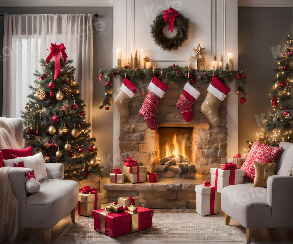 Kate Sapin de Noël Chambre Cheminée Fauteuil Toile de fond pour la photographie - Kate Backdrop FR