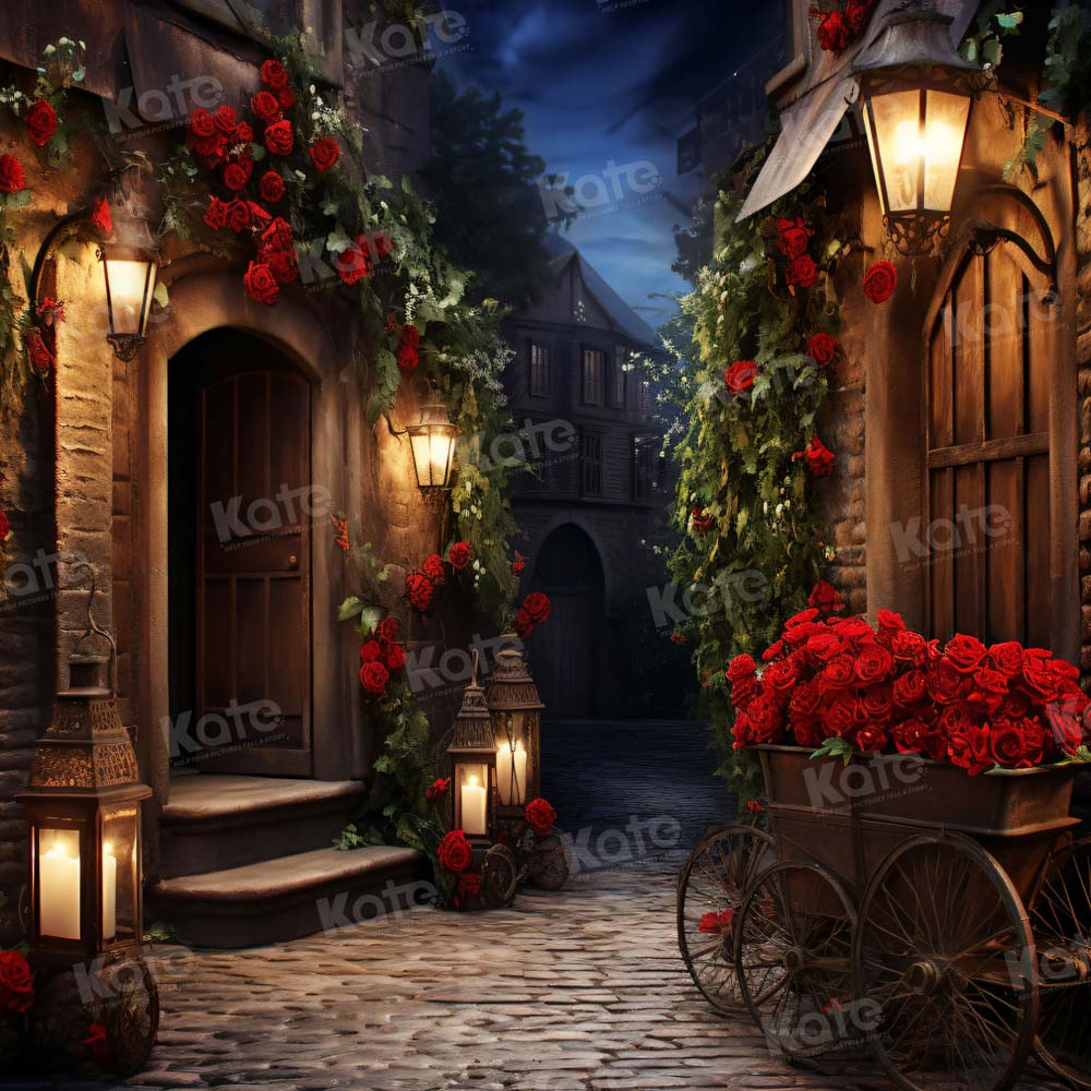 Kate Saint Valentin Chariot à roses Nuit Rue Rétro Toile de fond pour la photographie - Kate Backdrop FR