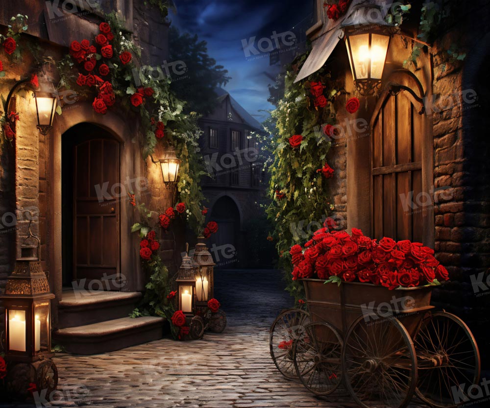Kate Saint Valentin Chariot à roses Nuit Rue Rétro Toile de fond pour la photographie - Kate Backdrop FR
