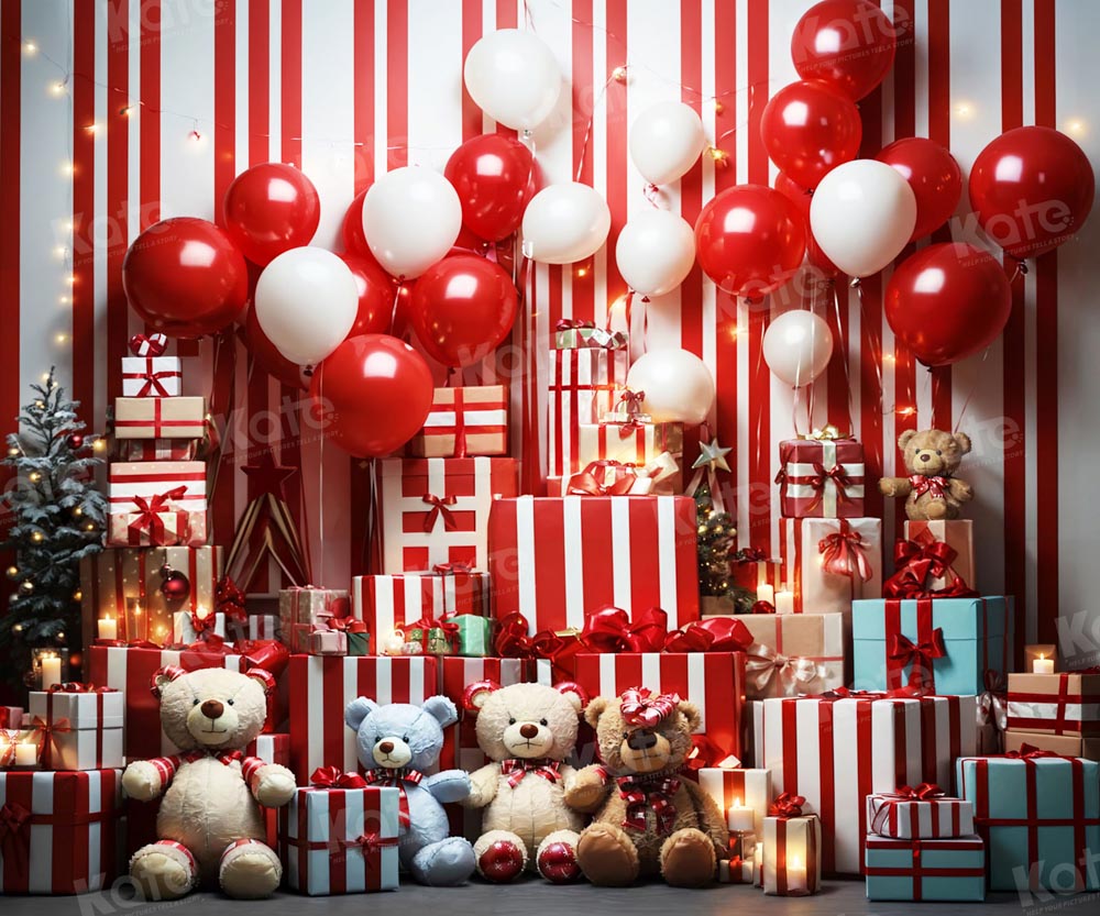 Kate Noël Ours en peluche Rouge Ballons Cadeaux Toile de fond pour la photographie - Kate Backdrop FR